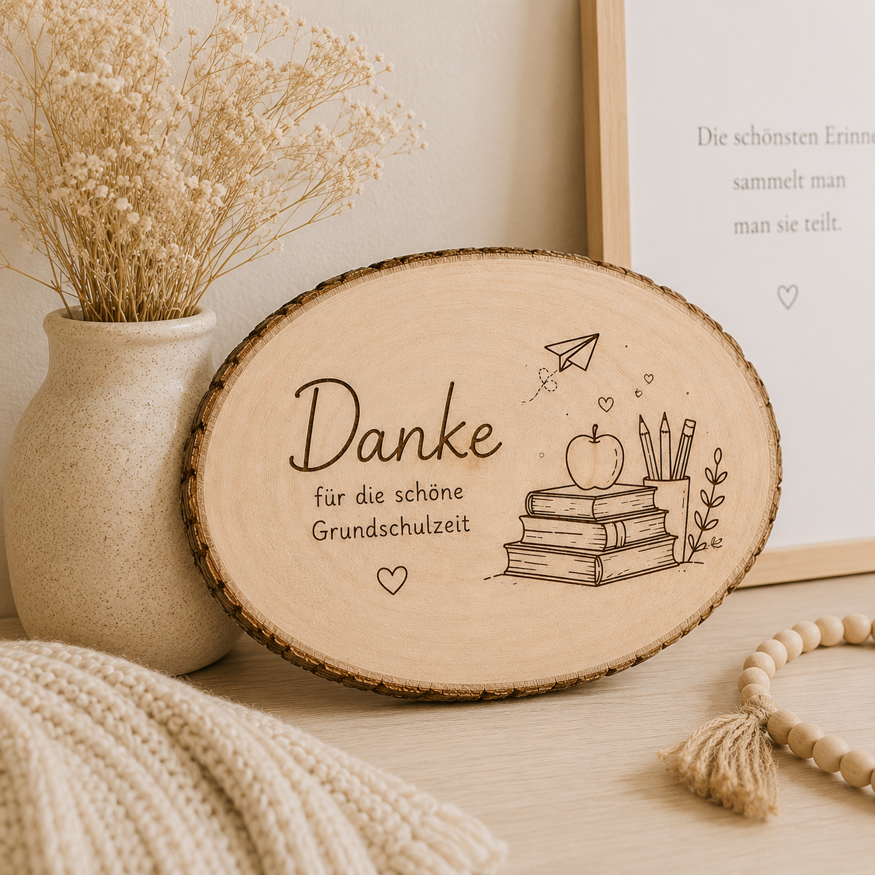 Personalisierte Holzscheibe mit Gravur „Bücher“ – individuelles Erinnerungsgeschenk mit Wunschtext