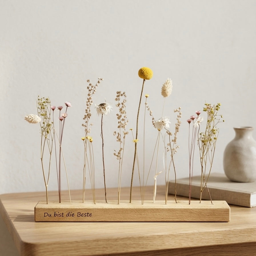 Muttertagsgeschenk personalisiert - FlowerBar mit Gravur, farbenfrohe Trockenblumen mit Holz