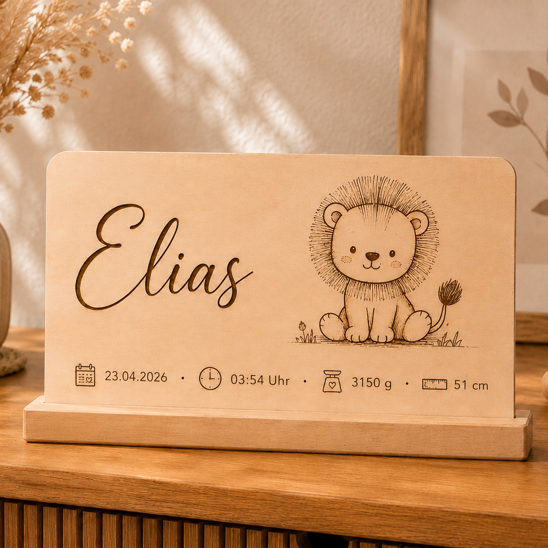 Personalisierte Holztafel zur Geburt „Löwe“