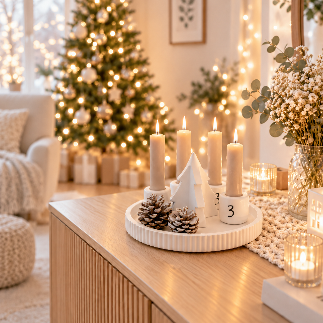 Handmade Adventskranzschschale „Winterwald“ runde Kerzenhalter mit Stickern zum Selbstbekleben