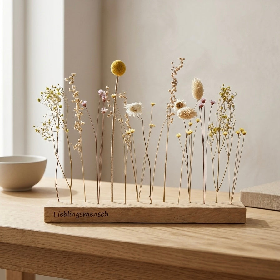 Muttertagsgeschenk personalisiert - FlowerBar mit Gravur, farbenfrohe Trockenblumen mit Holz