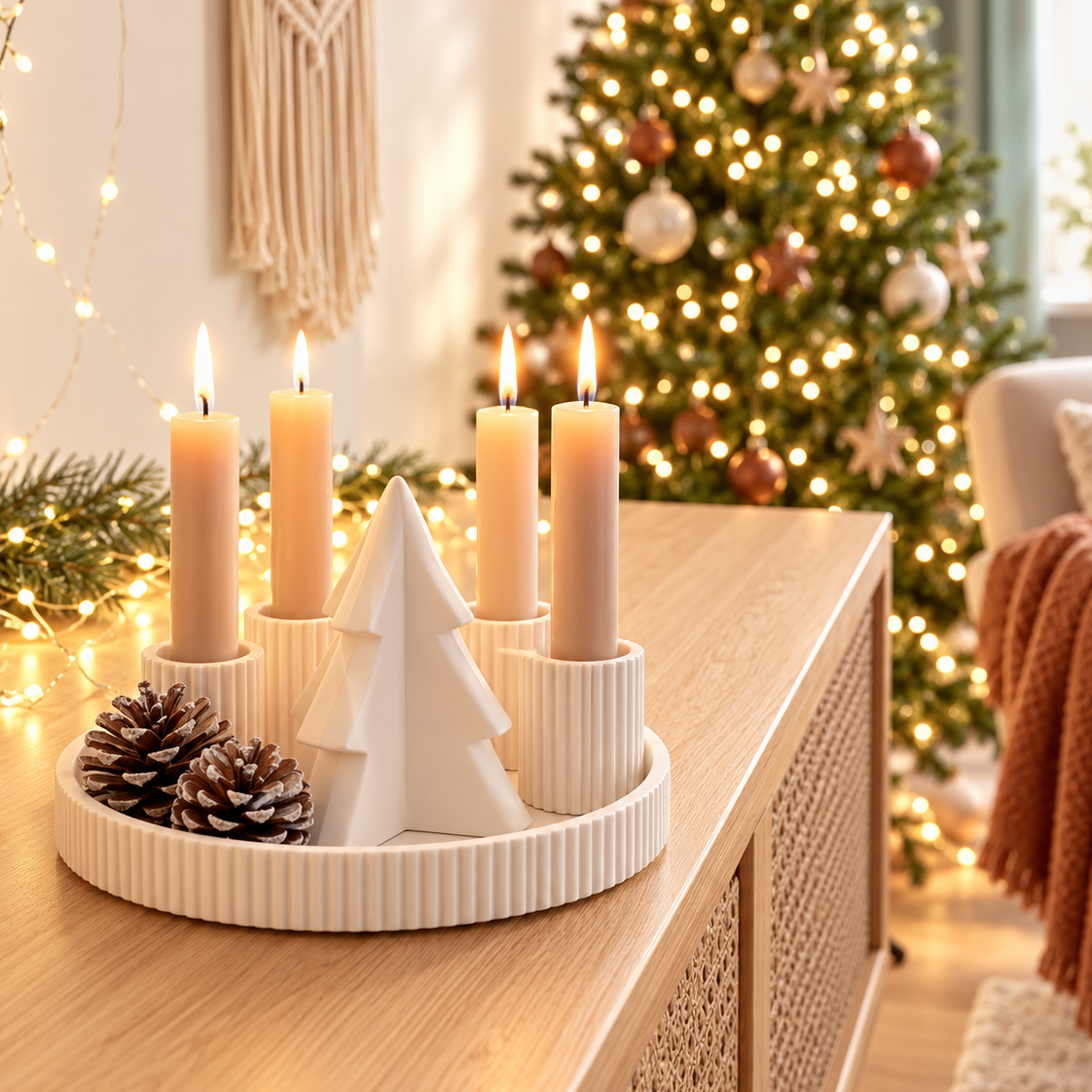 Handmade Adventskranzschschale „Winterwald“ lange Kerzenhalter