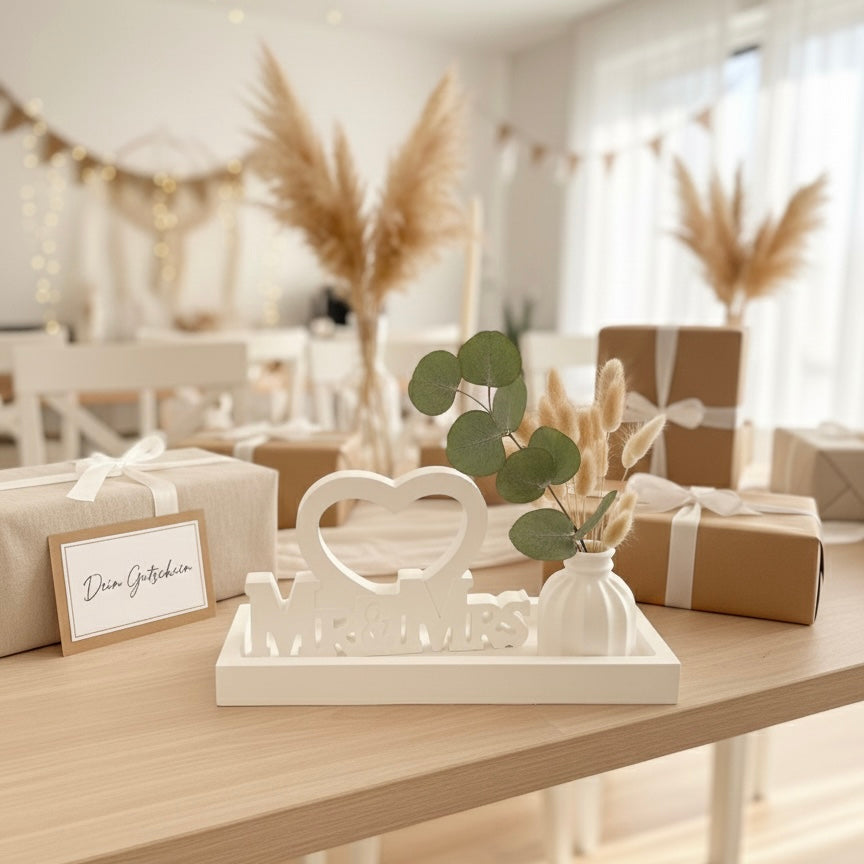 Hochzeits-Geschenk Set „Mr & Mrs" mit Vase und Trockenblumen