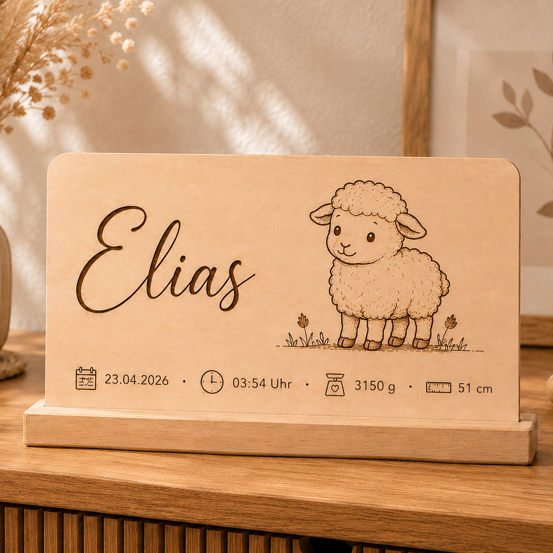 Geburtstafel aus Holz personalisiert | Name & Geburtsdaten „Schaf"