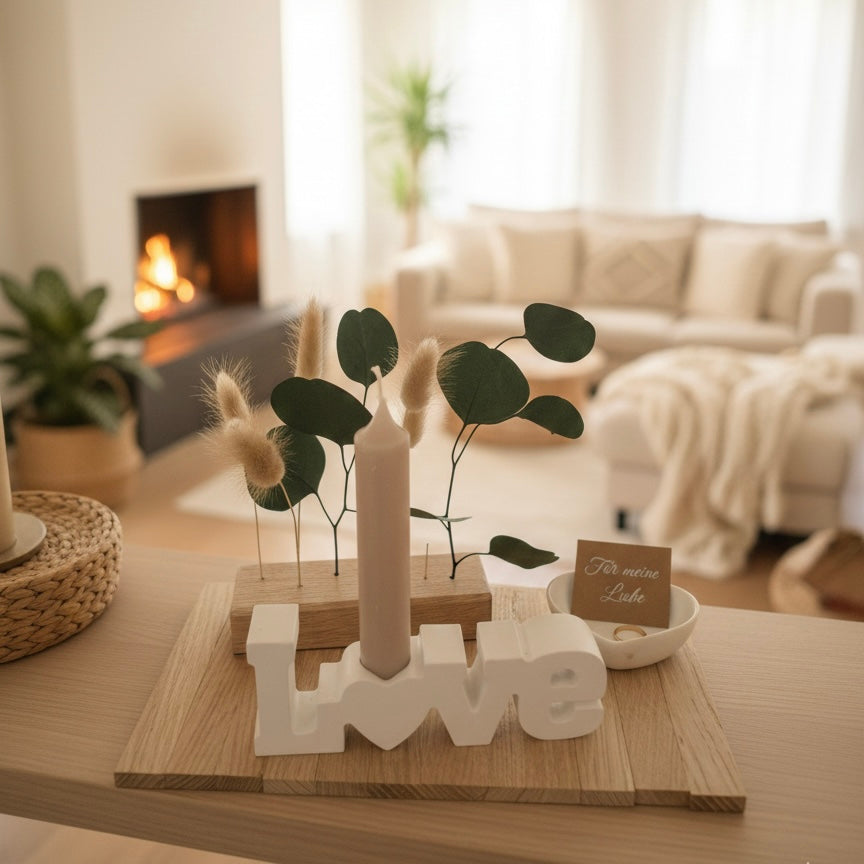 Geschenkset Valentinstag Liebeslicht – Schriftzug mit Herzschale und Mini FlowerBar