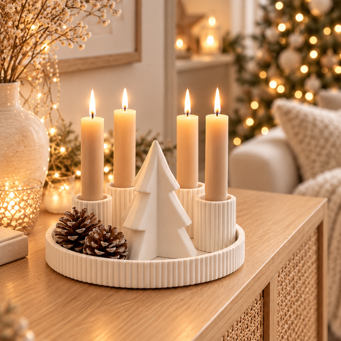 Handmade Adventskranzschschale „Winterwald“ lange Kerzenhalter