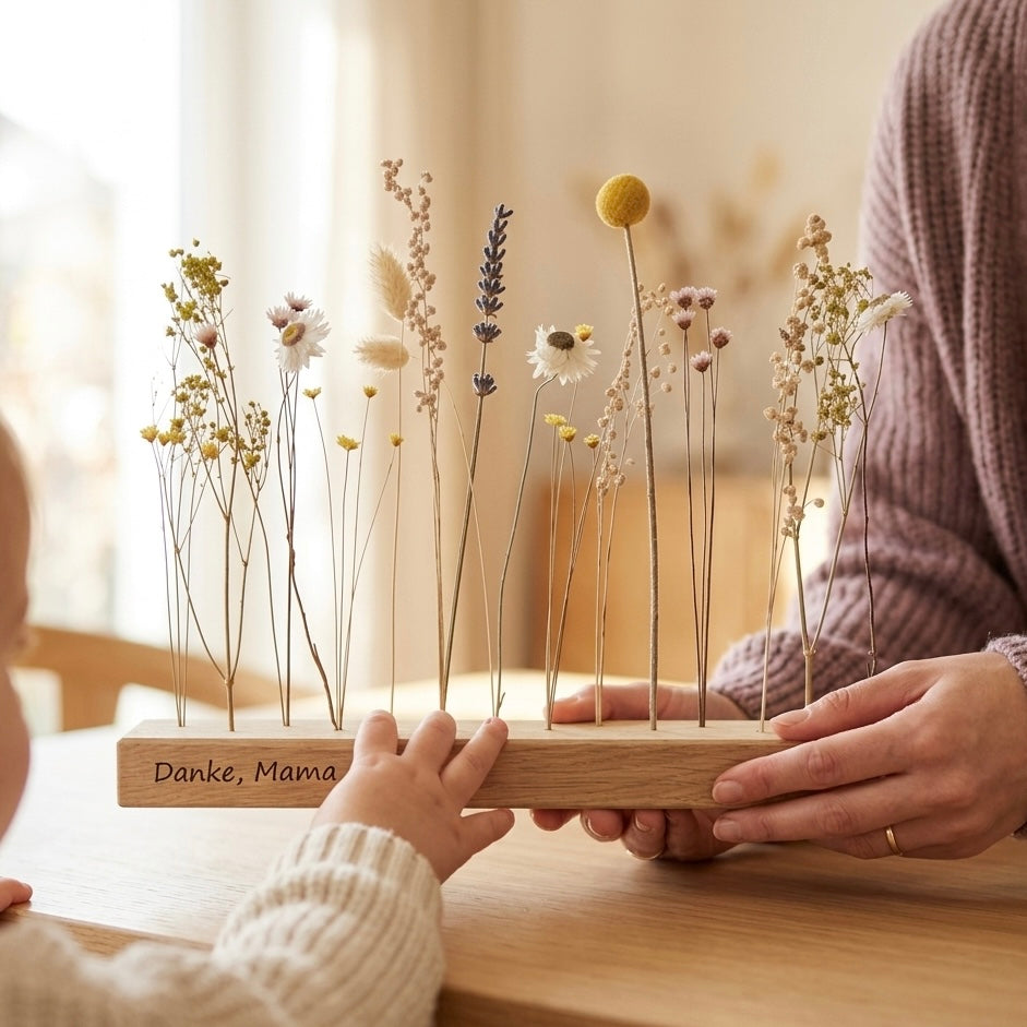Muttertagsgeschenk personalisiert - FlowerBar mit Gravur, farbenfrohe Trockenblumen mit Holz