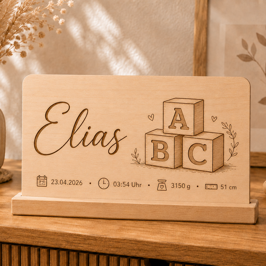 Personalisierte Holztafel zur Geburt „Bauklötze“