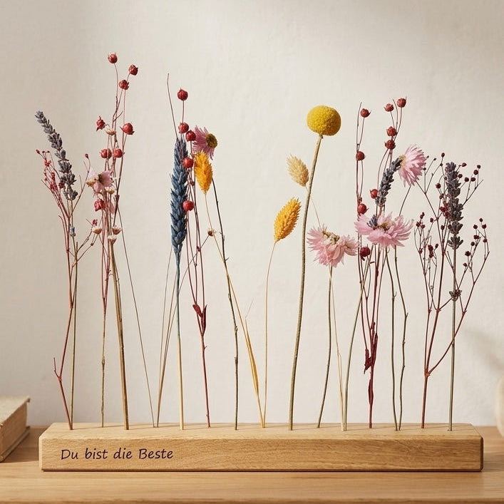 Muttertags-Komplett-Set „Blumenwiese“ - gravierte FlowerBar und Trockenblumen-Arrangement mit Vase