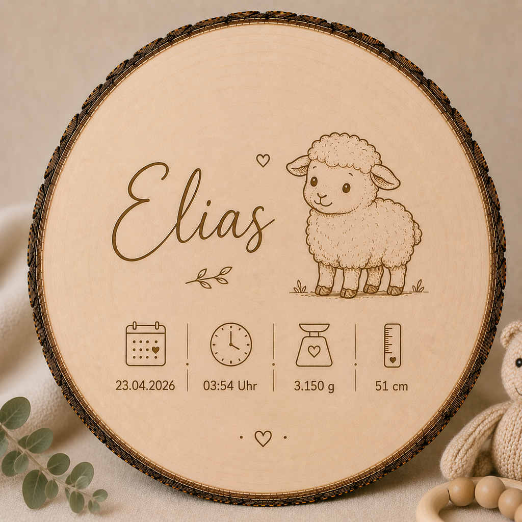 Personalisierte Holzscheibe zur Geburt „Schaf“