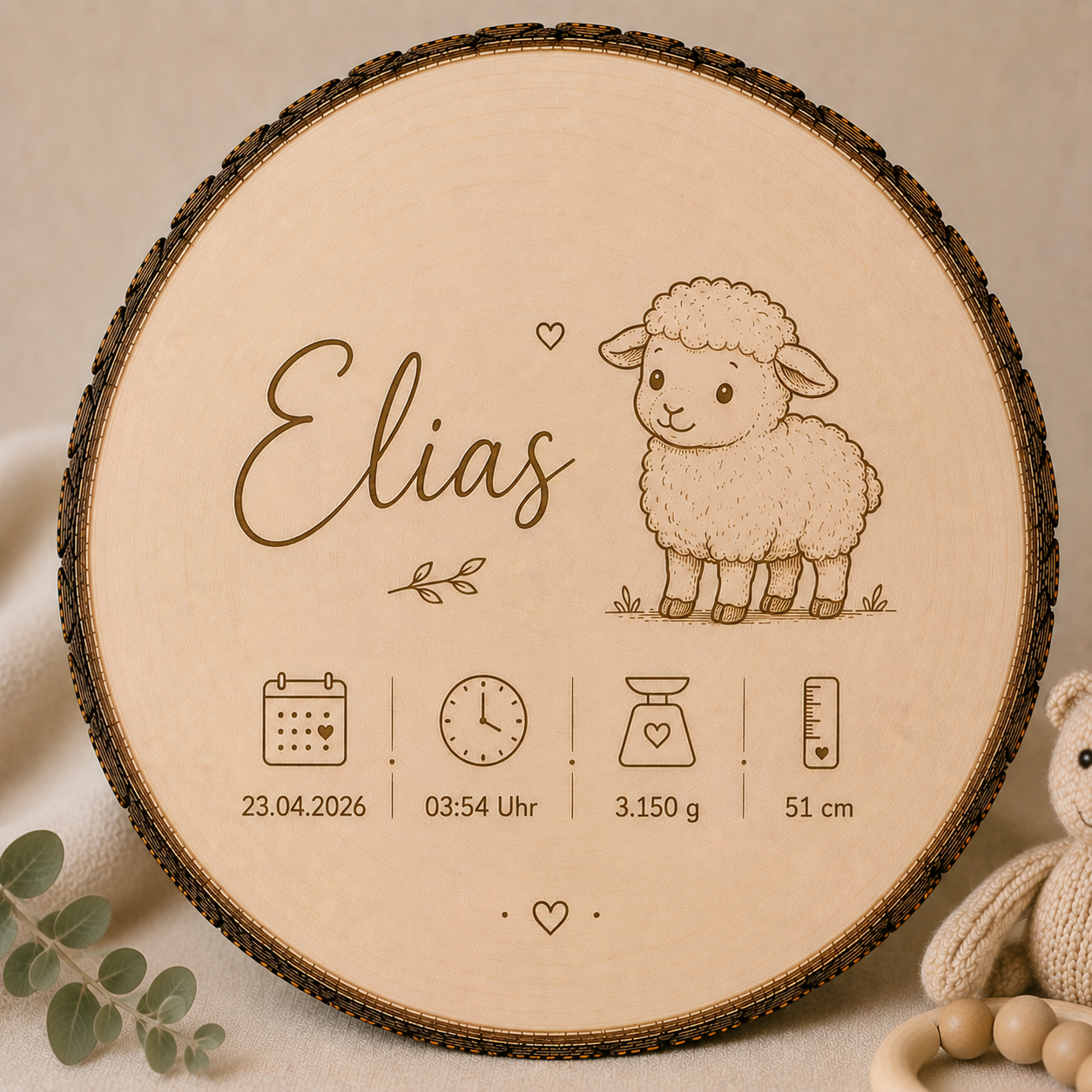 Personalisierte Holzscheibe zur Geburt „Schaf“