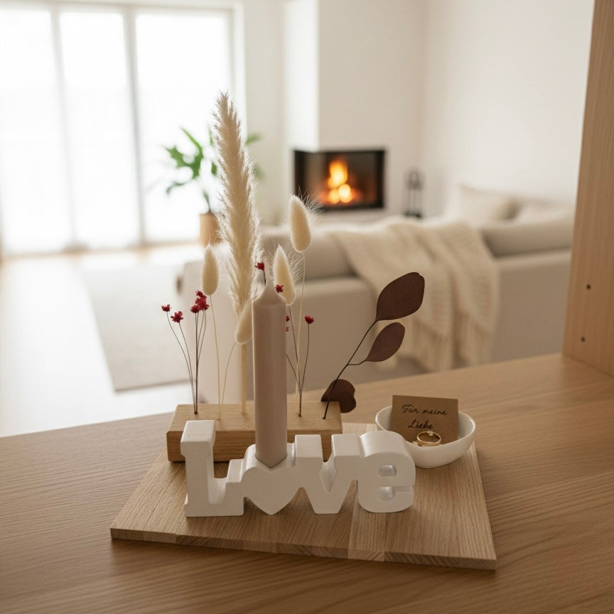 Geschenkset Valentinstag Liebeslicht – Schriftzug mit Herzschale und Mini FlowerBar