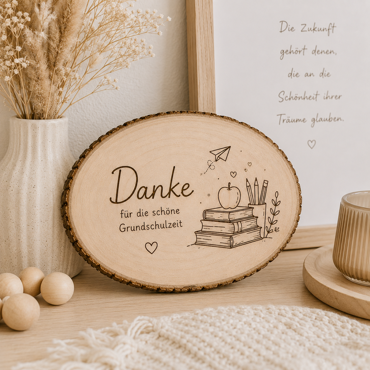 Personalisierte Holzscheibe mit Gravur „Bücher“ – individuelles Erinnerungsgeschenk mit Wunschtext