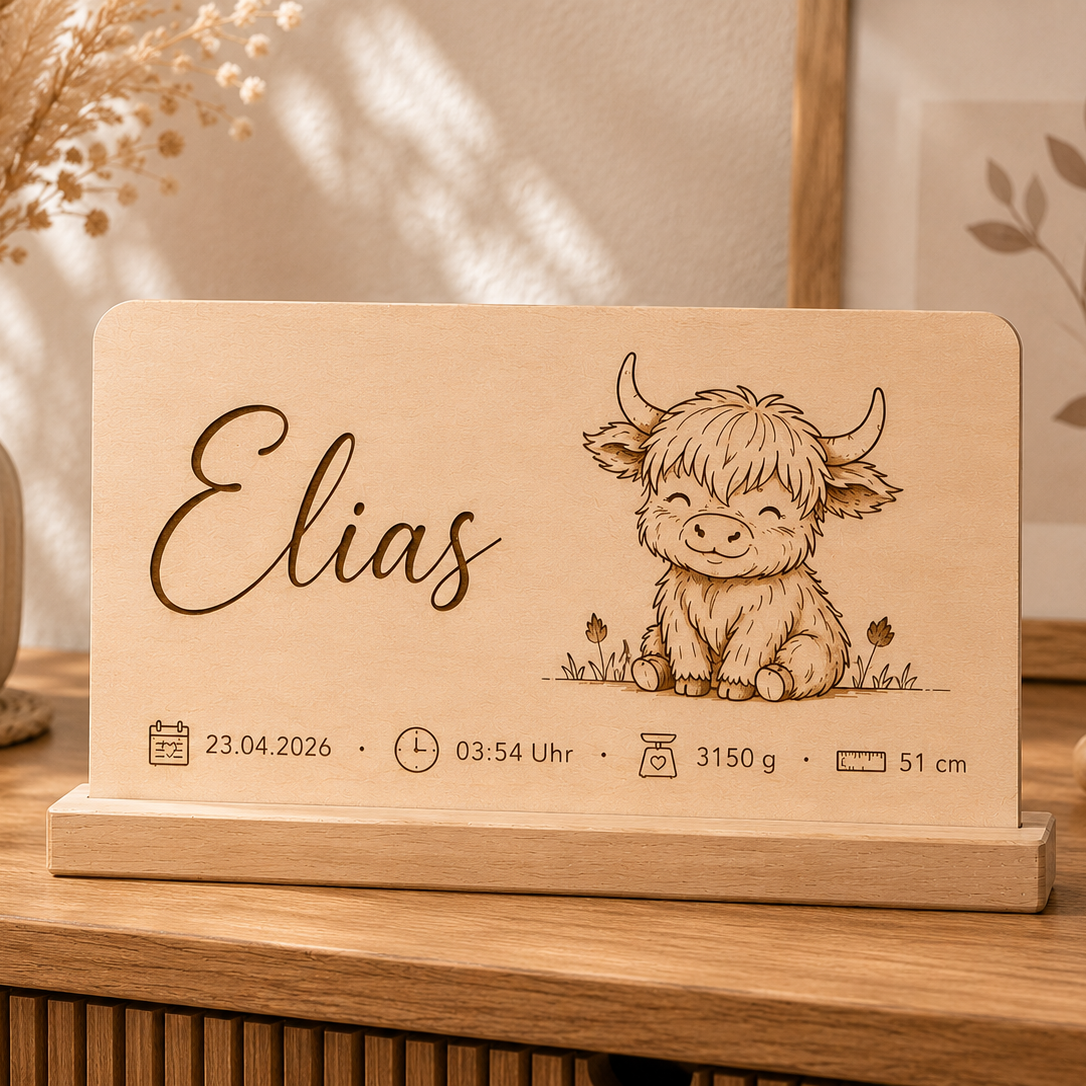 Geburtstafel aus Holz personalisiert | Name & Geburtsdaten „Kuh"