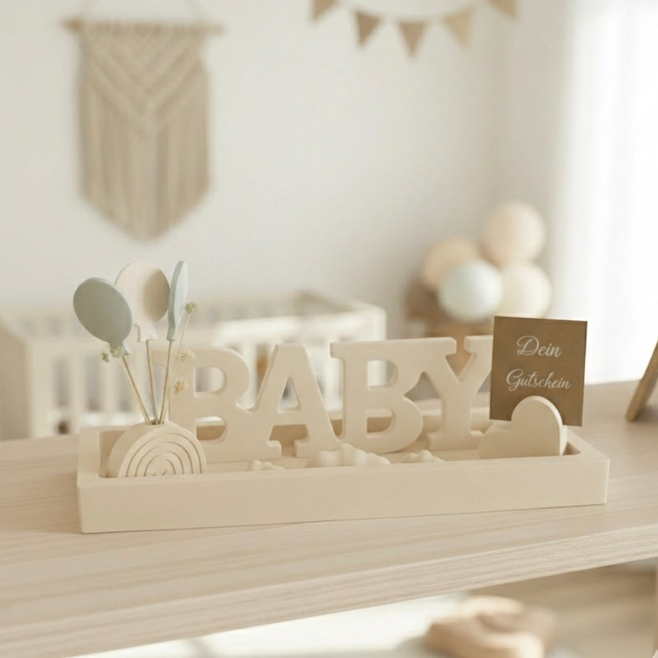 Geschenk-Set Geburt - "BABY“ – handmade & mit Gutscheinhalter in weiß