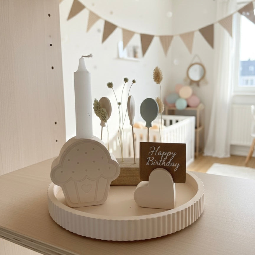 Geschenkset Geburtstag mit Mini-Flowerbar, Trockenblumen, Muffin & Gutscheinhalter-Herz – Handmade