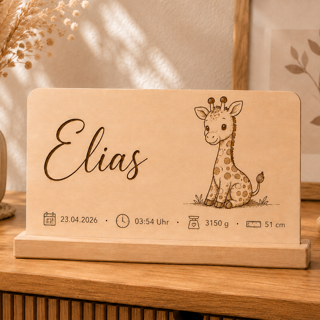 Geburtstafel aus Holz personalisiert | Name & Geburtsdaten „Giraffe"