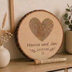 Fertiges Geldgeschenk zur Hochzeit – personalisierte Baumscheibe mit Geldröhrchen- Fingerabdruck Herz