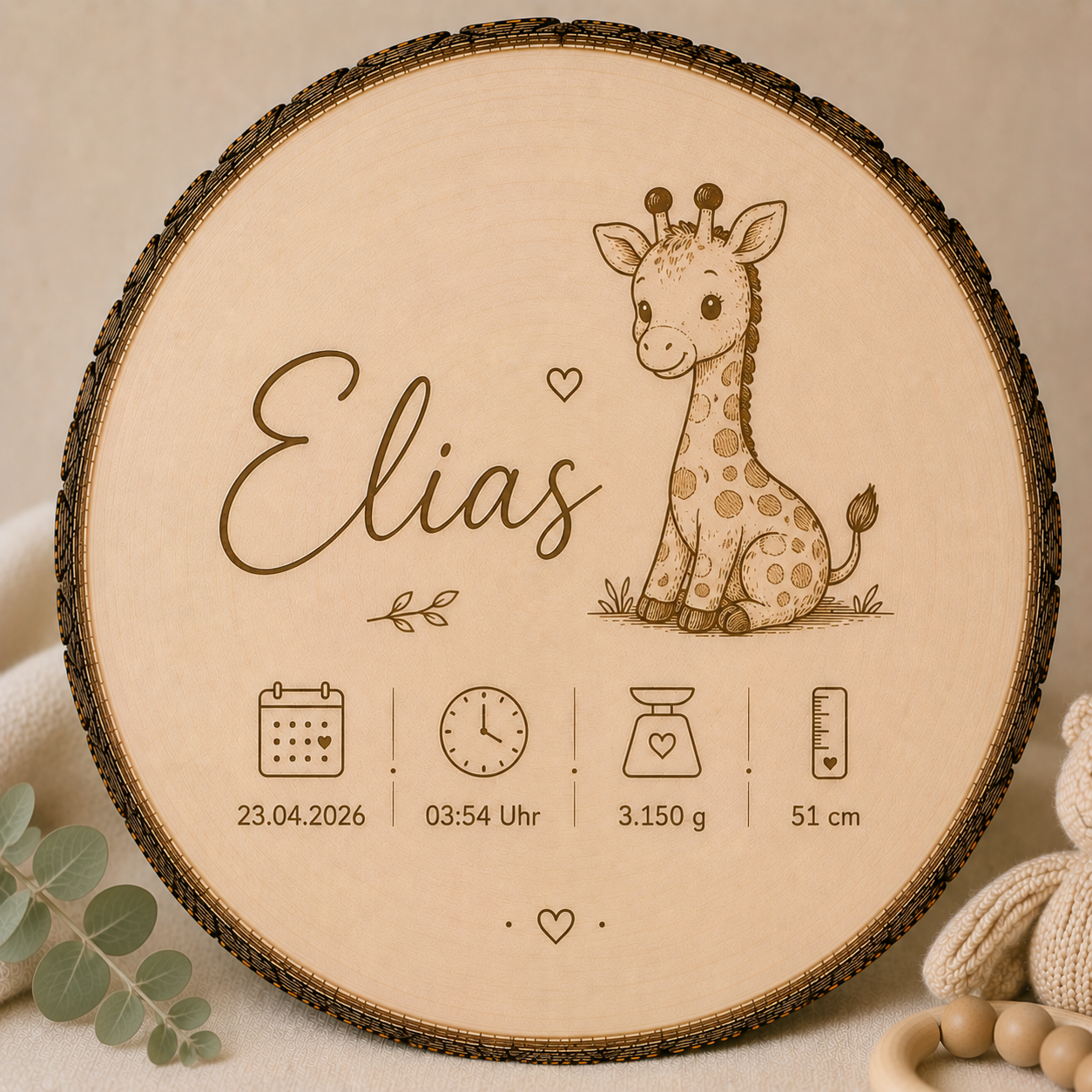 Personalisierte Holzscheibe zur Geburt „Giraffe“