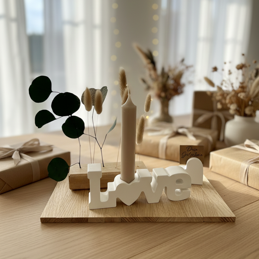 Hochzeits-Geschenkset „Love & Licht“ mit Mini FlowerBar, Kerze und Gutscheinhalter