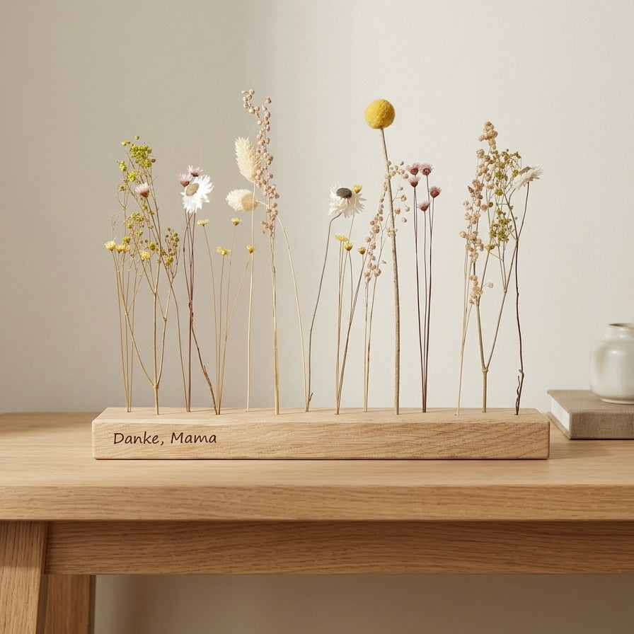 Muttertagsgeschenk personalisiert - FlowerBar mit Gravur, farbenfrohe Trockenblumen mit Holz