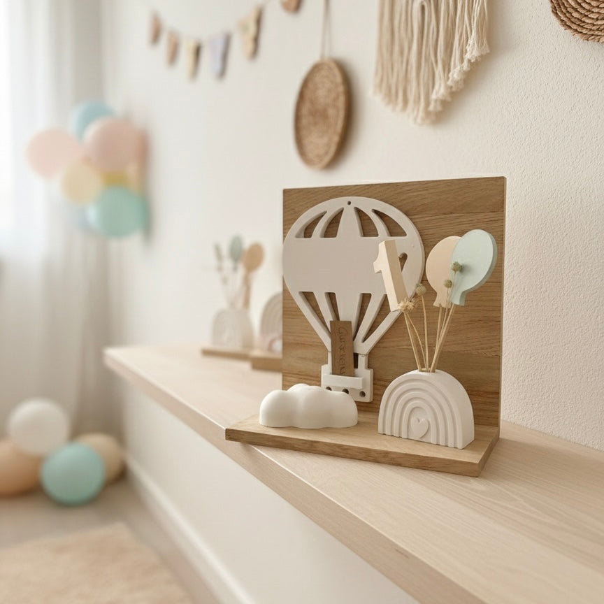 Geschenkset Geburtstag mit Heißluftballon, Trockenblumen & Gutscheinhalter – Handmade auf Holzbasis