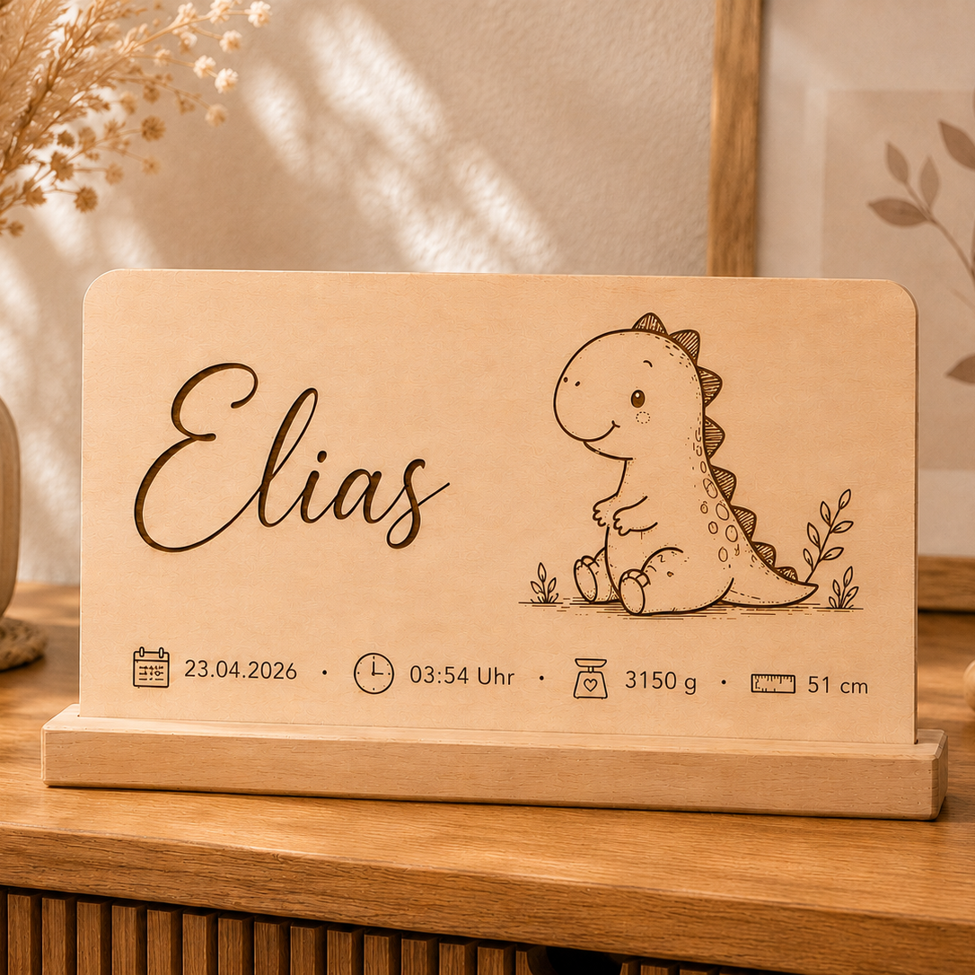 Geburtstafel aus Holz personalisiert | Name & Geburtsdaten „Dino"