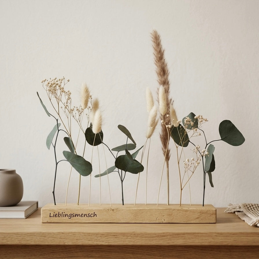 Muttertags-Komplett-Set „Fernweh“ - gravierte FlowerBar und Trockenblumen-Arrangement mit Vase