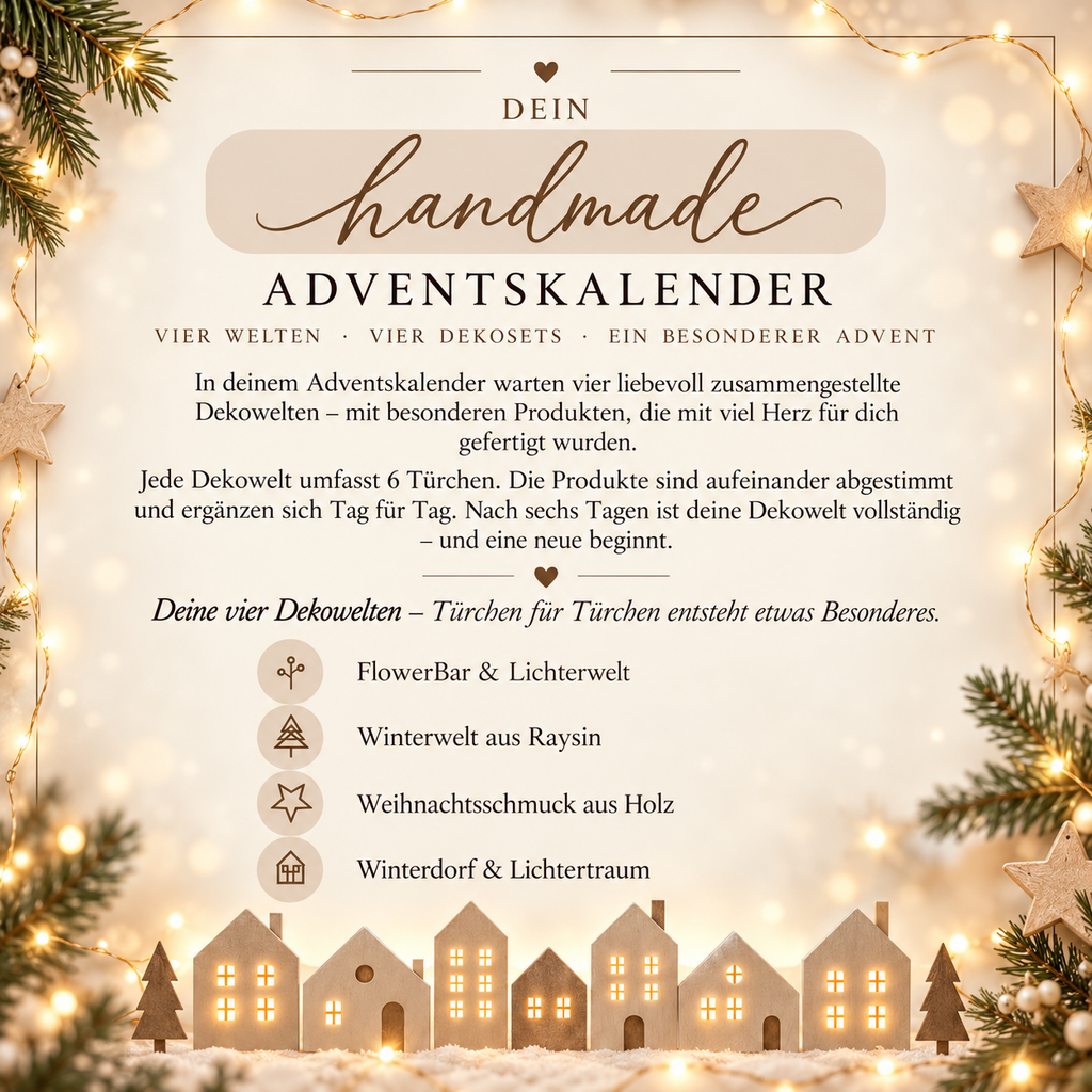 Handmade Adventskalender 2026 – 24 Türchen · 4 Deko-Welten