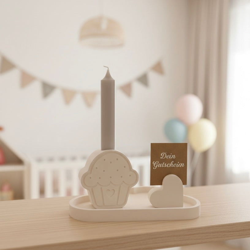 Geschenkset Geburtstags-Tablett mit Muffin und Kerze & integriertem Gutscheinhalter- handmade