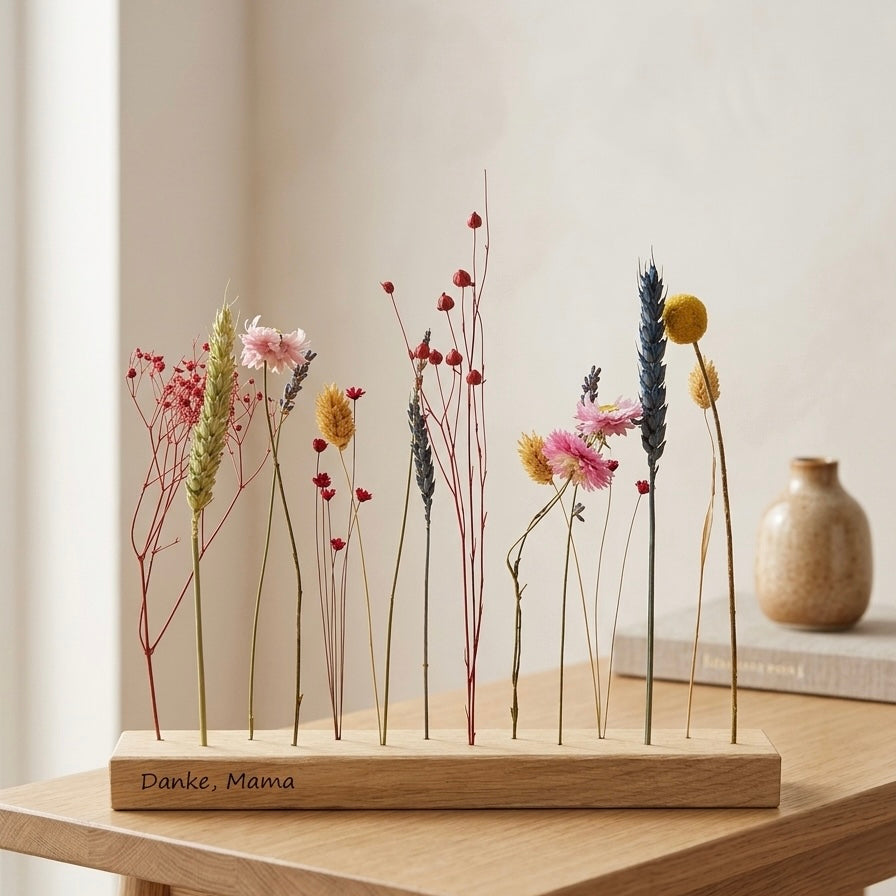Muttertags-Komplett-Set „Blumenwiese“ - gravierte FlowerBar und Trockenblumen-Arrangement mit Vase