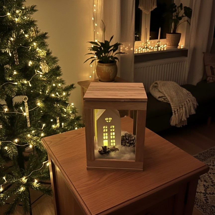 Geschenk-Set Handmade „Lichtblick" Laternen-Set – Handgemachter Holzrahmen mit Raysin-Häuschen