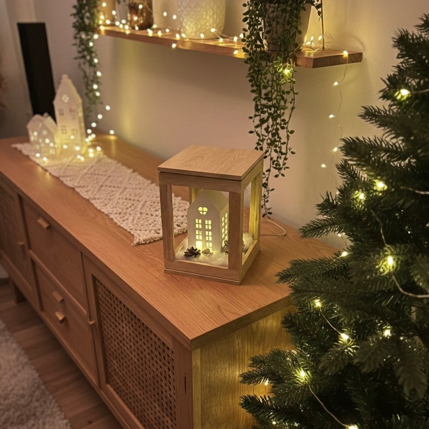 Geschenk-Set Handmade „Lichtblick" Laternen-Set – Handgemachter Holzrahmen mit Raysin-Häuschen