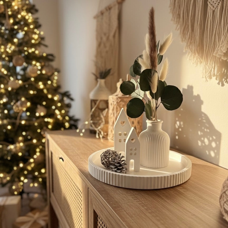 Geschenk- Set Handmade Gemütlichkeit" – Langlebige Trockenblumen & Raysin-Häuschen auf Tablett