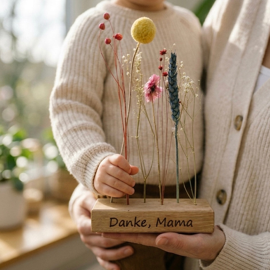 Muttertagsgeschenk personalisiert - FlowerBar mit Gravur, bunte Trockenblumen mit Holz