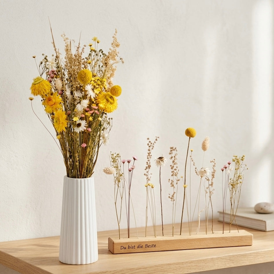 Muttertags-Komplett-Set „Sommerwiese“ - gravierte FlowerBar und Trockenblumen-Arrangement mit Vase