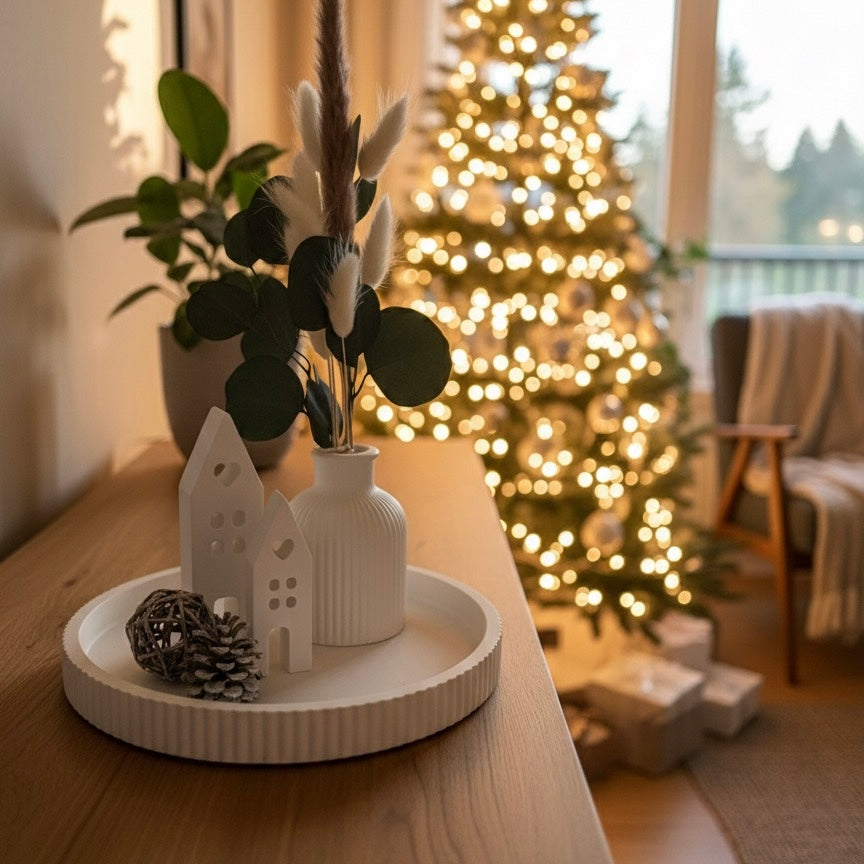 Geschenk- Set Handmade Gemütlichkeit" – Langlebige Trockenblumen & Raysin-Häuschen auf Tablett