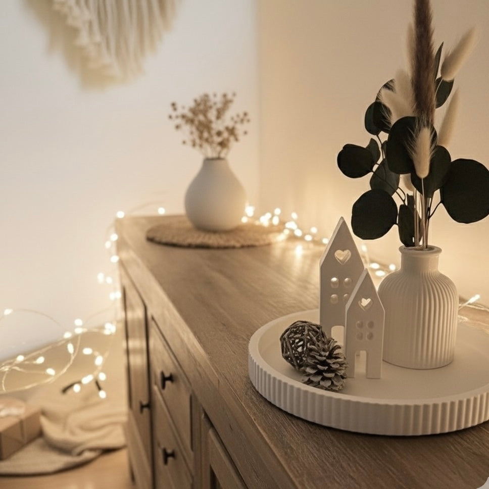 Geschenk- Set Handmade Gemütlichkeit" – Langlebige Trockenblumen & Raysin-Häuschen auf Tablett