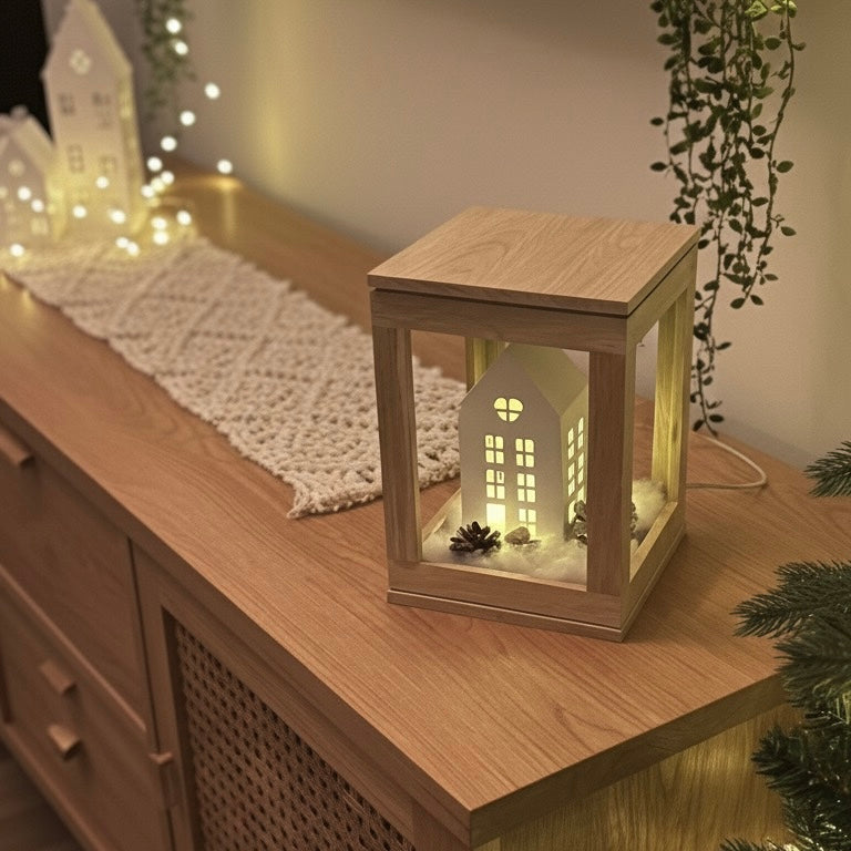 Geschenk-Set Handmade „Lichtblick" Laternen-Set – Handgemachter Holzrahmen mit Raysin-Häuschen