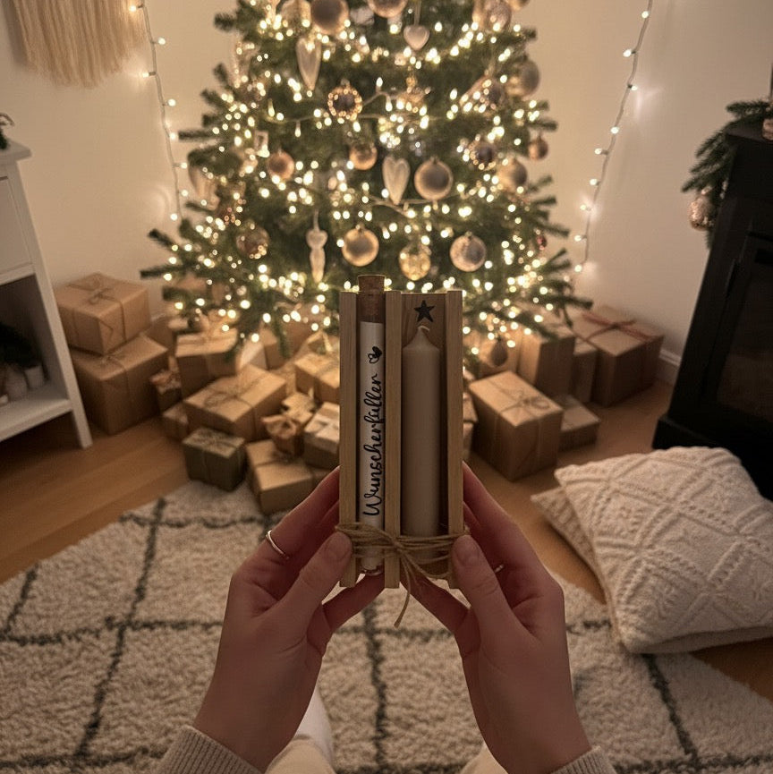 Handmade Geschenk-Set "Wunscherfüller" – Kerze & Gutschein-Röhrchen