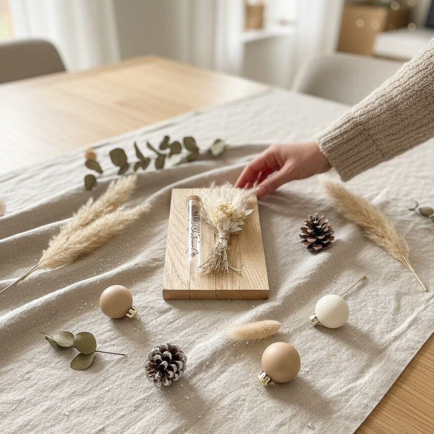 Handmade Geschenkset Mini-Strauß und Reagenzglas auf Holz-Basis