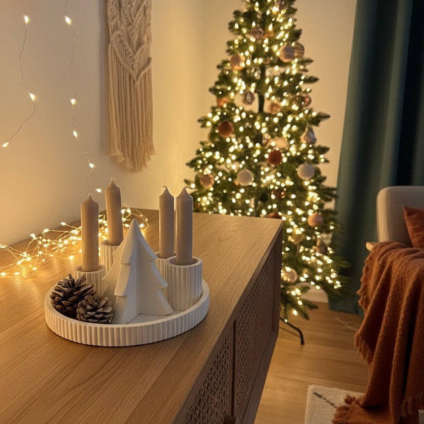 Handmade Adventskranzschschale „Winterwald“ lange Kerzenhalter