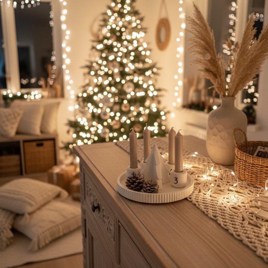 Handmade Adventskranzschschale „Winterwald“ runde Kerzenhalter mit Stickern zum Selbstbekleben