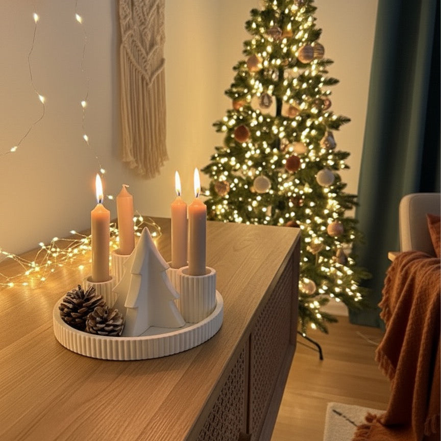 Handmade Adventskranzschschale „Winterwald“ lange Kerzenhalter