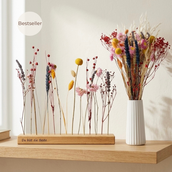 Muttertags-Komplett-Set „Blumenwiese“ - gravierte FlowerBar und Trockenblumen-Arrangement mit Vase
