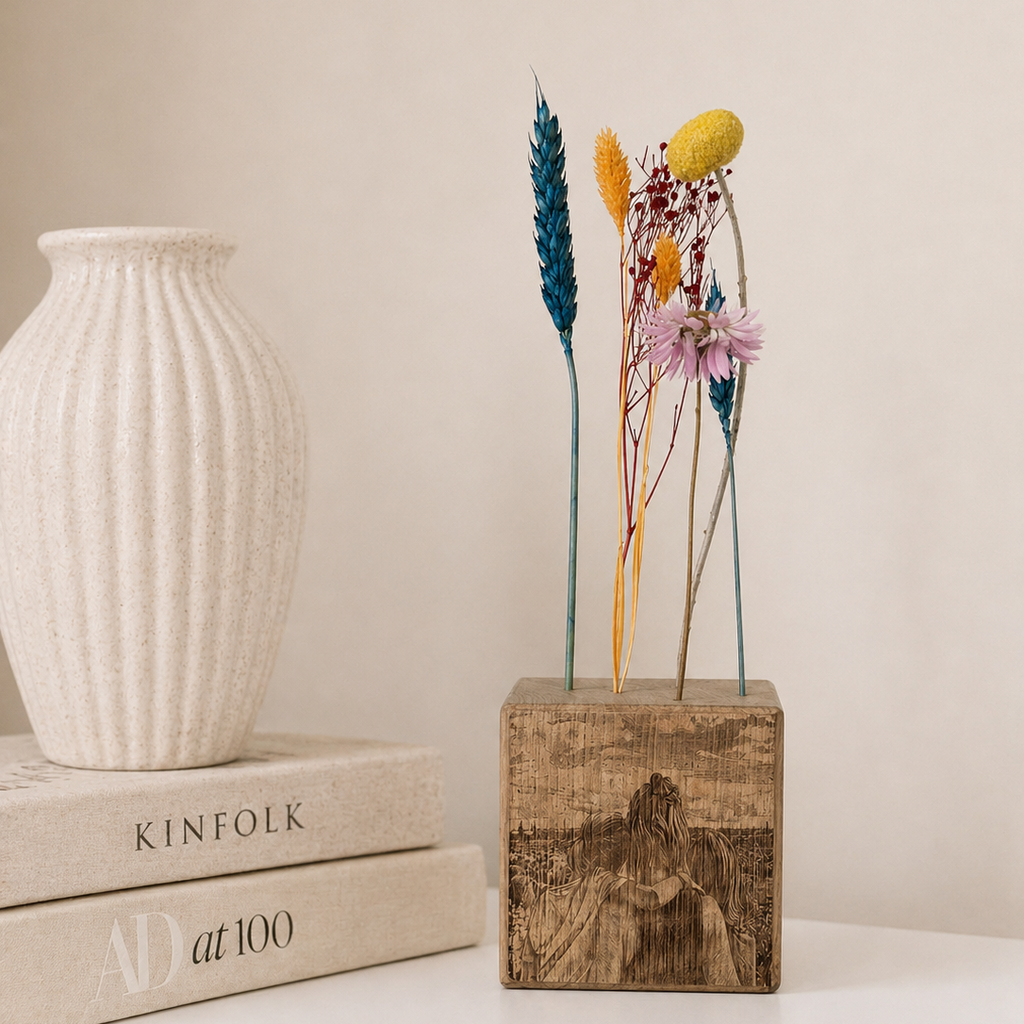 FlowerBar® Cube mit hochwertiger Laser Fotogravur und bunten Blumenwiese Trockenblumen