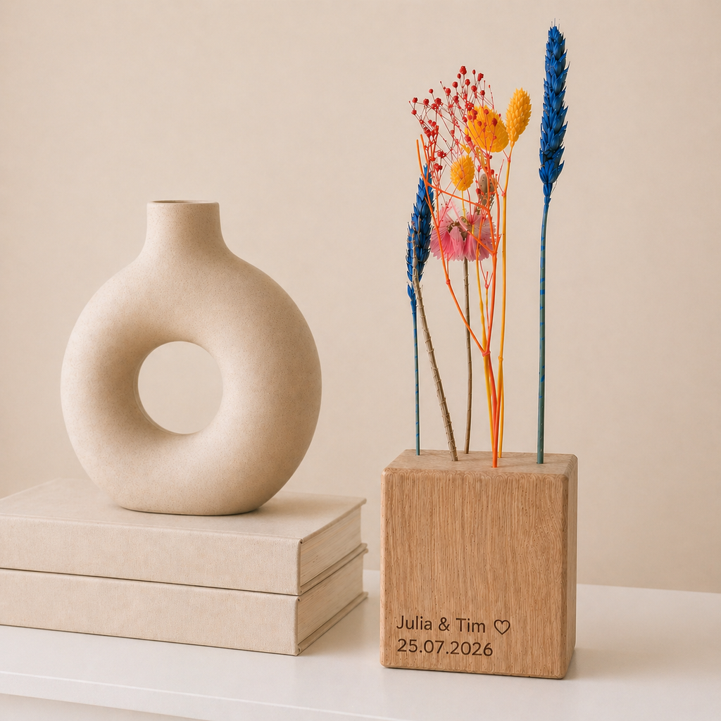 FlowerBar® Cube mit hochwertiger Laser Fotogravur und bunten Blumenwiese Trockenblumen