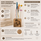 FlowerBar® Cube mit hochwertiger Laser Fotogravur und bunten Blumenwiese Trockenblumen