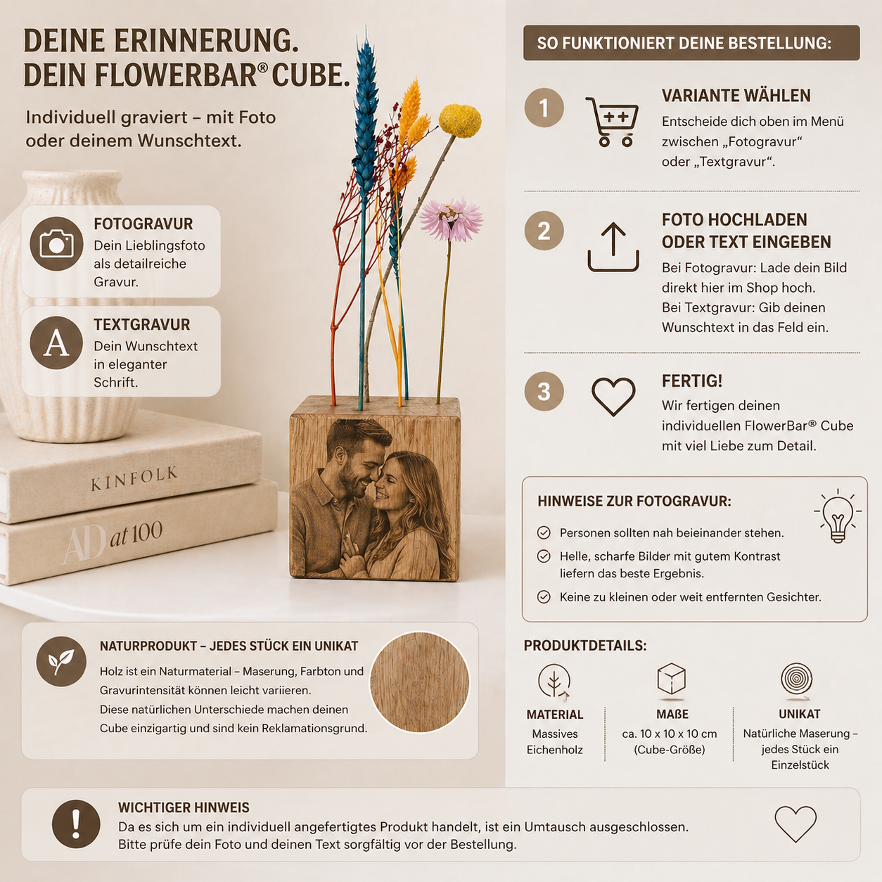 FlowerBar® Cube mit hochwertiger Laser Fotogravur und bunten Blumenwiese Trockenblumen