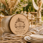 Fertiges Geldgeschenk zur Hochzeit – personalisierte Baumscheibe mit Geldröhrchen- Just married